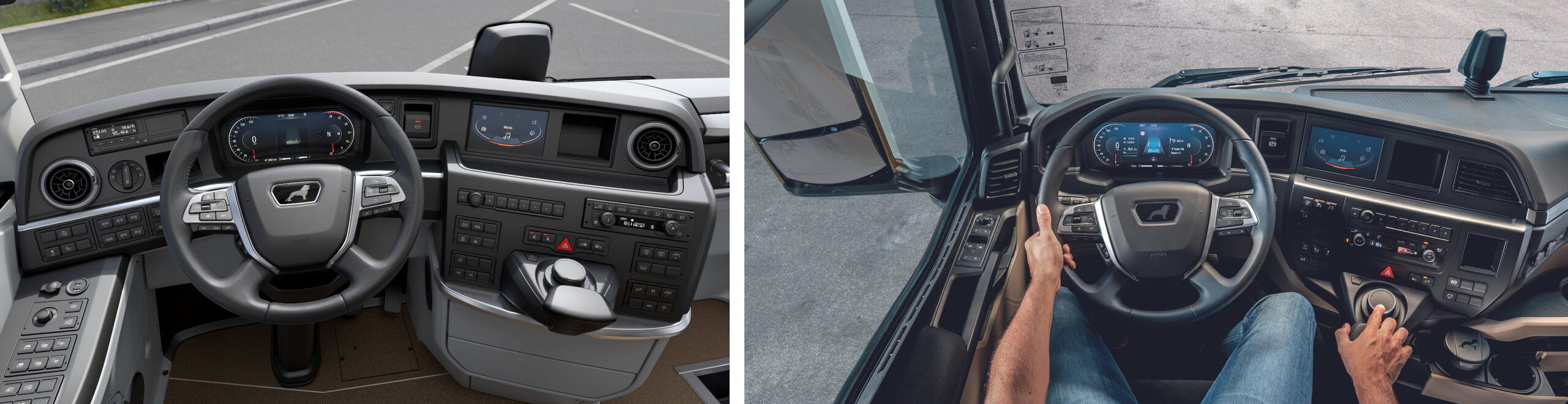 Digitales Cockpit im MAN Lion's Coach links im Bild - rechts das bereits im Jahr 2020 vorgestellte digitale Cockpit der neuen Generation der MAN TGX Lkw.